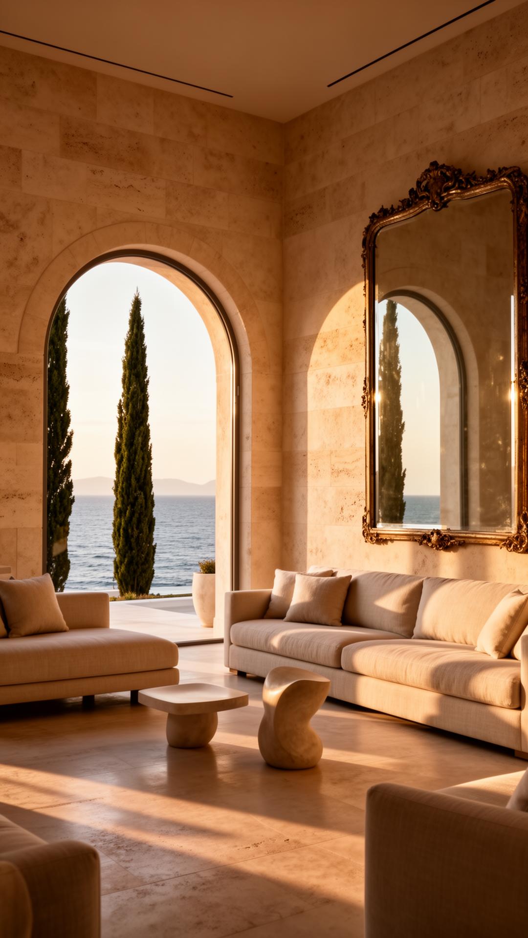 Salón editorial de villa mediterránea privada al atardecer